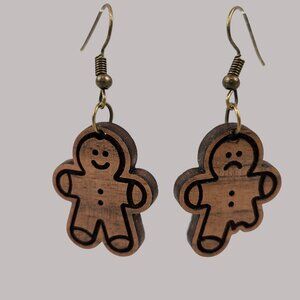 Handmade Gingerbread Man Earring Wood Dangle Drop Holiday Christmas Jewelry Gift